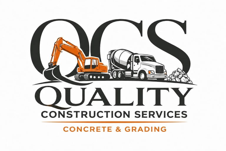 QCS Quality Construction Services logo featuring orange excavator, concrete mixer truck, and gravel pile with concrete and grading text